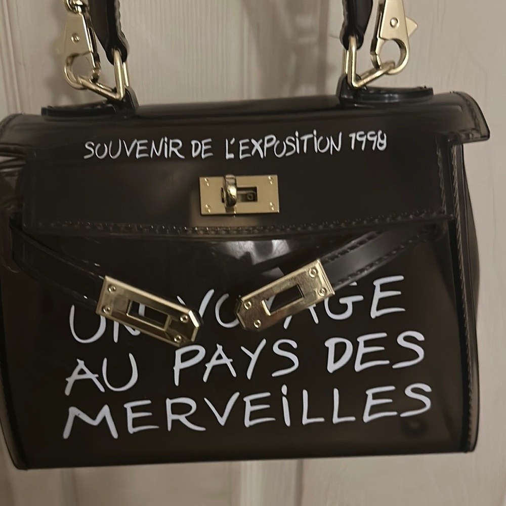 Black Mini Bag with Gold Hardware and Graffiti Design - Picture 2 of 3
